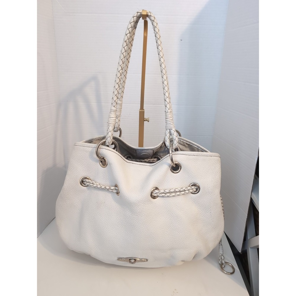 Vtg. Elliott Lucca Aruba Hobo Ivory Pebbled Leather Handbag Braided Handles Draw